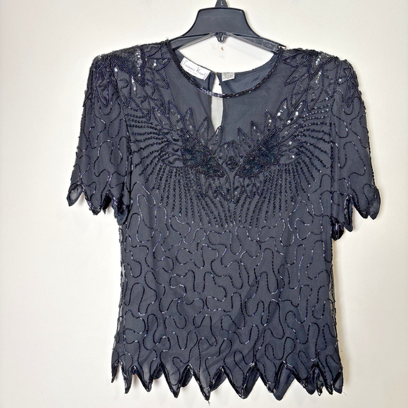 VTG Laurence Kazar Black Beaded Top 1X Short Sleeve Cocktail Party Holiday Glam - Picture 1 of 8